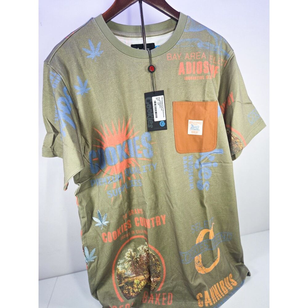 Cookies Workwear All Over Print Knit T-Shirt Olive Green Size L NWT